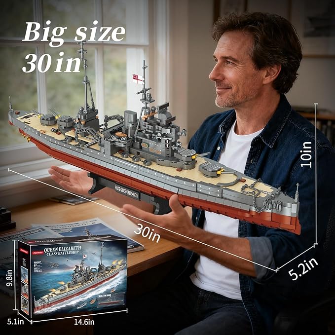 Military Series World War II Battleship Building Kit 2277 Pcs Queen Elizabeth Class Battleship Compatible with Lego Military Army Set Adults WW2 Gift Boat Building Block Teens 14+ Model Home Decor