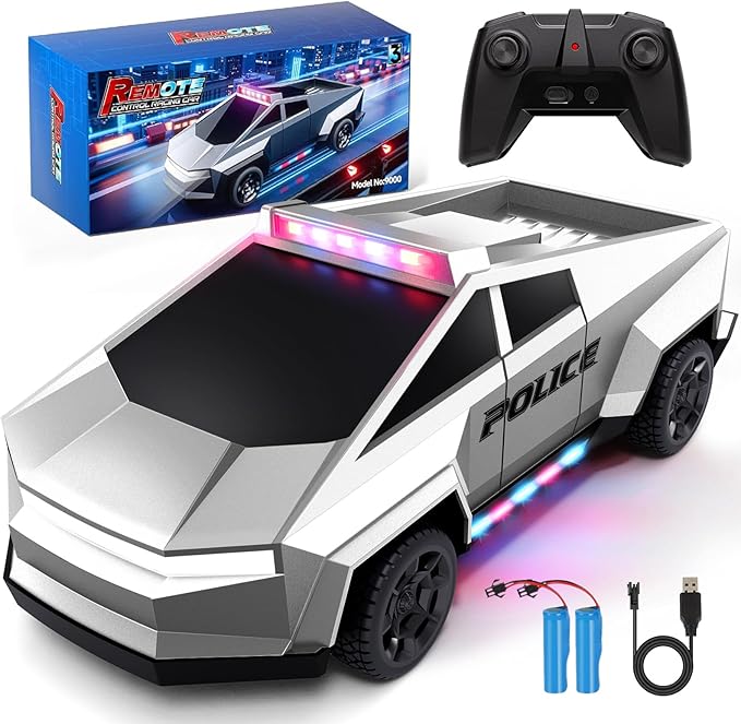Tecnock RC Truck for Kids 1:18 Scale Police Remote Control Truck with LED Lights 2 Rechargeable Batteries 2.4GHz All-Terrain RC Car Toys Gift for Boys Girls Aged 3-8 8-12
