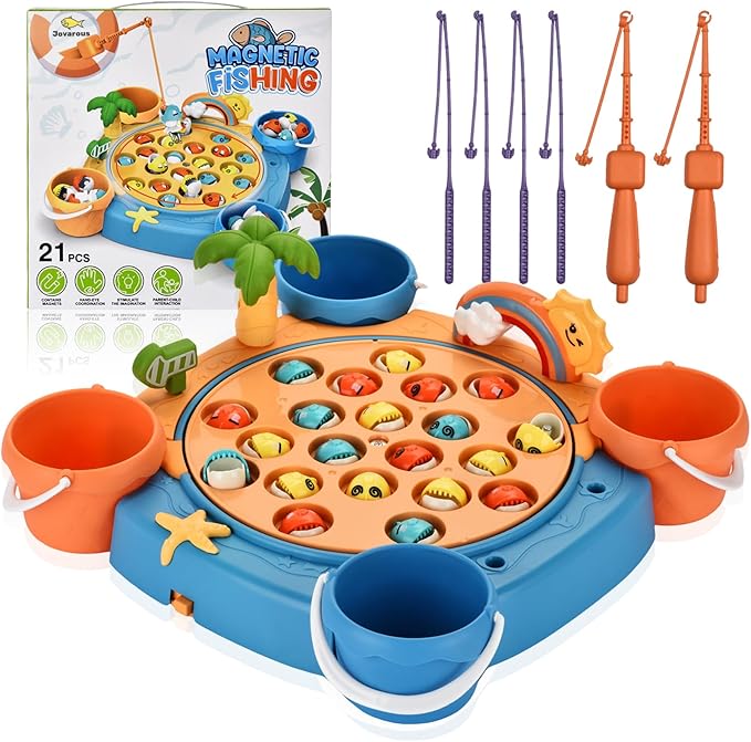 Magnetic Fishing Game Set - 21 Fish and 6 Poles Rotating Toddler Board Games with Music Switch Fine Motor Skills Fishing Toys for Kids and Toddlers 3 4 5 6 7 8 and Up