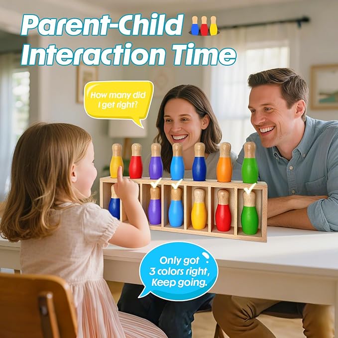 pamexin Family Games for Kids Wooden Bowling Color Matching Game with 7 Bright Pins and Storage Bag Family Board Games Party Birthday Gift Fun Party Game for Boys Girls
