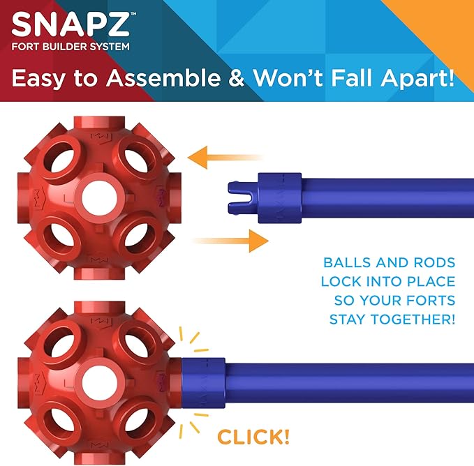 SNAPZ Ultimate Fort Builder Kit for Kids 8-12 - Sturdy Fort Building Kit for Kids 4-8 - Make &amp Build Ball &amp Stick Fort Set - Indoor STEM Tent Fort Making Toy