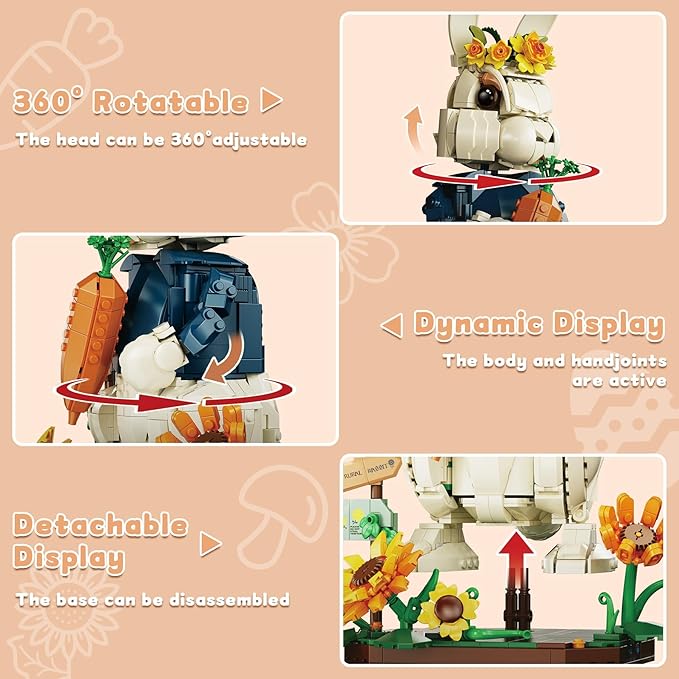Easter Wonderland Bunny Building Blocks Set Compatible with Lego Easter Creator Cute Rabbit Toys with Carrot &amp Sunflower Display Base Creative Gift for Kids Girls Adults