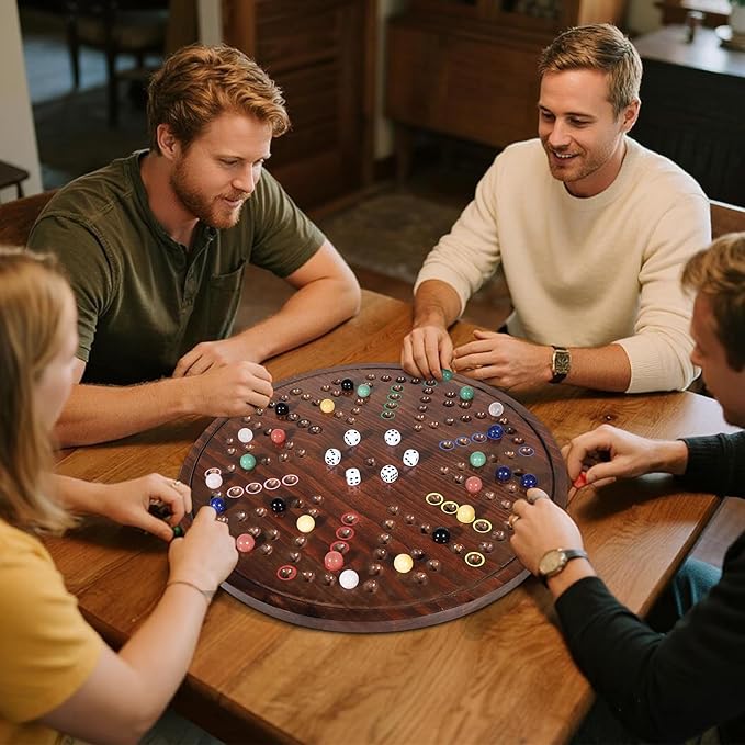 HOROW Wahoo Board Game - 20 Inch Solid Wood Board with 24 Natural Gemstone Marbles &amp 6 DiceDouble-Sided for 4 and 6 Players - Perfect for Family Game Nights and Parties（Deluxe Edition）