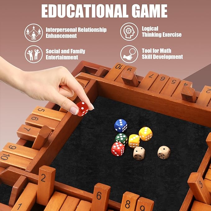 4 Players Shut The Box Dice Games Wooden Board Table Math Game with 12 Dice and Instructions Classics Close The Box Board Game for Adults Kids Family Classroom Home or Bar
