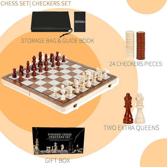 Chess Board Sets 15 Inch Magnetic Chess Set for Adults &amp Kids Checkers Board Game Handmade Folding Chess Boards with 2 Extra Queens by Kiapeak