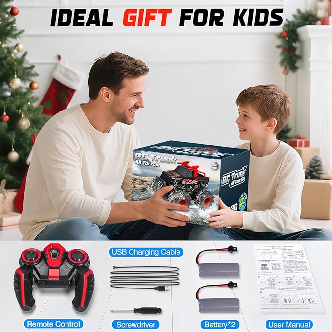 1:16 Waterproof Monster Truck Toys RC Cars 2.4GHz Remote Control Truck for Kids Boy Ages 89101112 Years Old 4WD All Terrain Off-Road with LED Lights RC Boat for Boy Girl Birthday Gift - Red