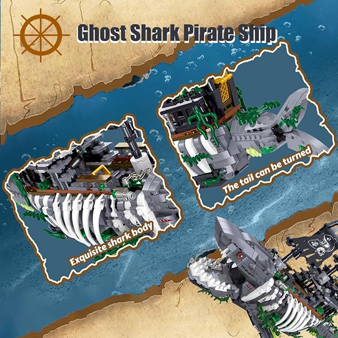 Ghost Shark Pirate Ship Mini Building Blocks Set (1155 Pieces) Building Set Model Toys Gifts for Kid and Adult Interesting Gifts for Pirate Ship Enthusiasts