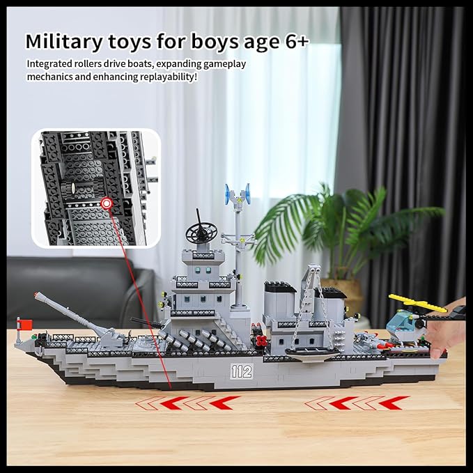 WW2 Military Battleship Building Block Set Large-SizedCruiser Toy Military Battle Ship Toy with Helicopter and City Lifeboat A Gift Compatible with Lego Sets for Boys 8-14 &amp Adults (910pcs)