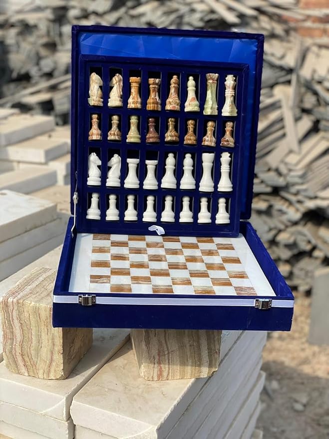 Large Handmade Full Chess Set Marble Chess Board 32 Chess Game Pieces Unique Home décor. Handcrafted Tournament Chess Board - 2 Players. (White Brown)