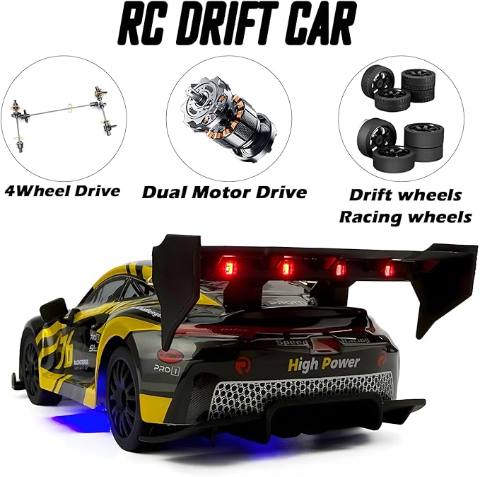 1:24 RC Drift 2.4GHz with LED Light Race Car Toys for Boy Girl 8-12 Years Old Speed Adjustable 25Km/HHigh Speed RC Racing Cars Perfect Toy Gift for Boys &amp Girls (Yellow)