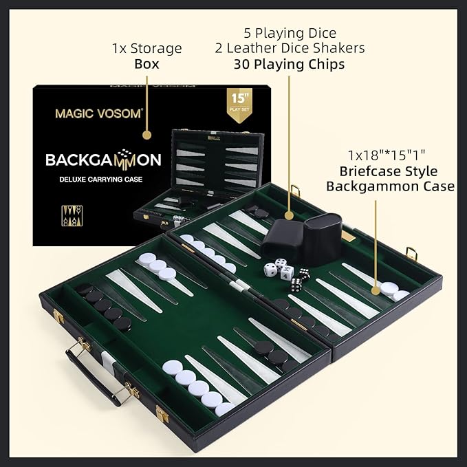 Travel Medium 15 Inch Backgammon Black Sets Classic Board Game with Premium Leather Case Portable Travels Strategy Backgammon Game Set for Adults Kids (Black Medium)