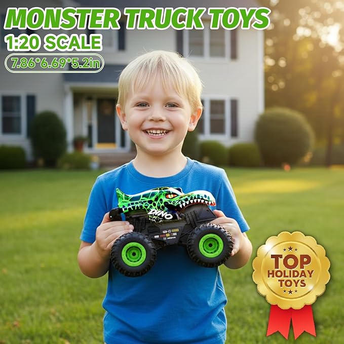 Gohero Monster Truck Toys for Kids 1:20 Dinosaur Toys RC Car Truck with 360° Spins &amp Drifting 2.4GHz All-Terrain Monster Trucks for Boys Age 4-7 | with LED Light Music &amp 2 Rechargeable Batt