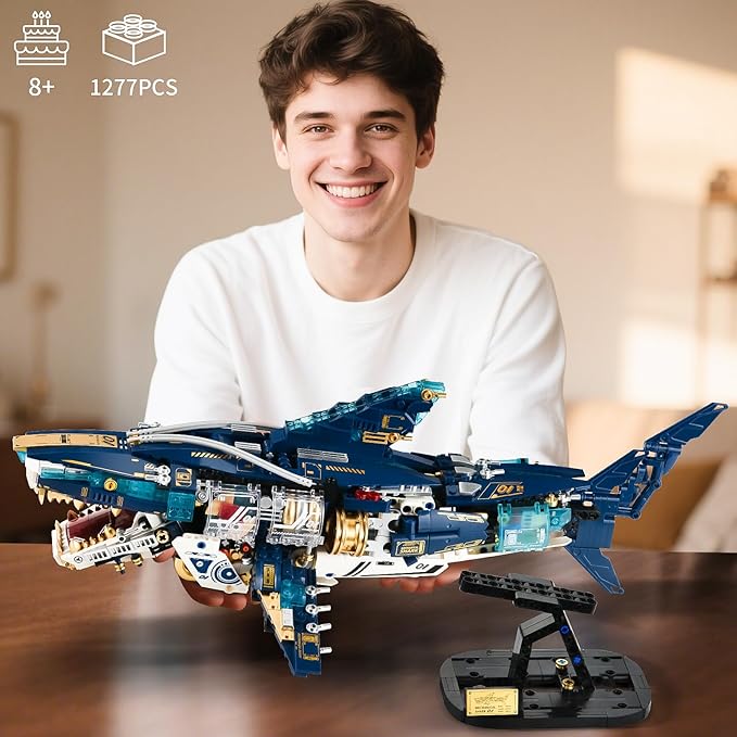 BNG Mechanical Shark Building Sets for AdultOcean Animal Building Block with Display Stand and Light Sea Fish Collection STEM ToyHome Office Decor and Idea Gift for Teen Boys 8-14 (1277PCS)
