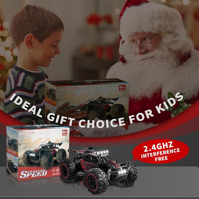 Carox Remote Control Car 2.4GHz 25KM/H High Speed RC Car 1:18 Off-Road Monster Truck with LED Lights and 1800mAh Rechargeable Battery – Ideal Gift for Boys 6+