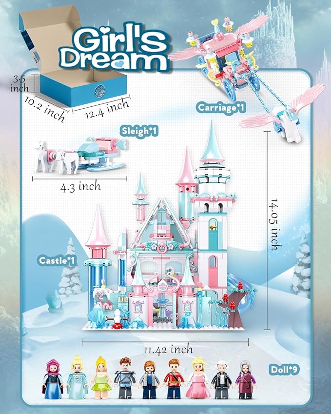 Castle Girl Set Princess Castle Building Set Friend Dream House Blocks with Slide Carriage &amp Sledge 9 Minifigures Gift for Girls Aged 6+ Compatible with Lego Castle Sets 1314 PCS