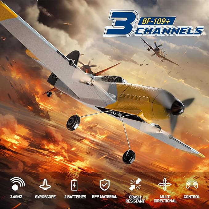 RC Plane 3 Channel Remote Control Airplane 6-axis Gyro Stabilizer BF-109 RTF RC Airplane with 2 Batteries Easy to Fly for Beginners Adults and Kids