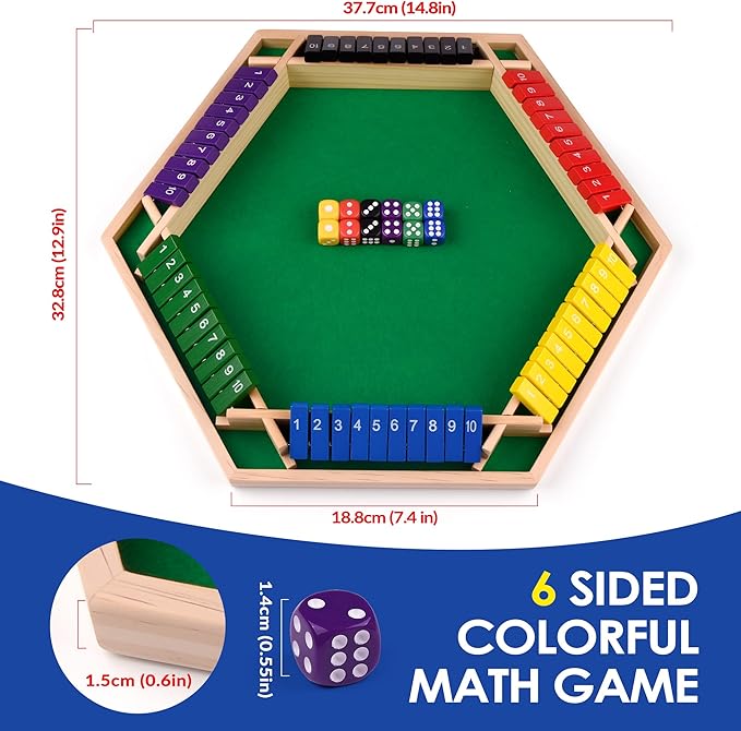 1-6 Players Shut The Box Dice Game 10 Numbers Traditional Wooden Pub Bar Board Gam for Classroom Party or Pub