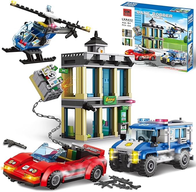 City Police Bank Building Sets Compatible with Lego Police Bank Includes Car Bank Helicopter Police Chase Building Blocks Toy Set Gift for Kids 6 Plus Years Old（655 PCS）