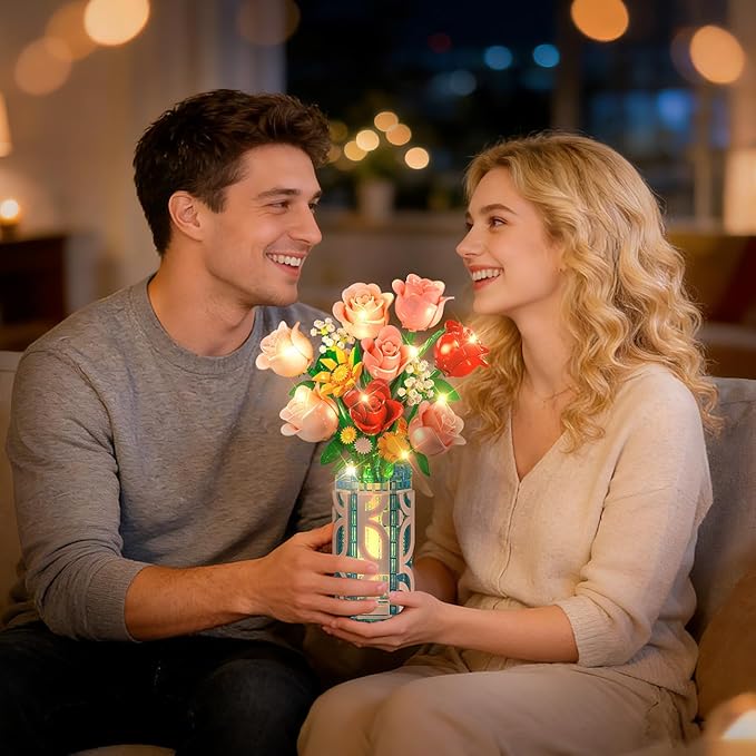 14 Flowers Bouquet Building Set with Vase and LED Light Easter Gifts for Family Friends 747 PCS Mini Roses Flower Building Blocks Toy Artificial Roses Flowers Home Decor &amp Display