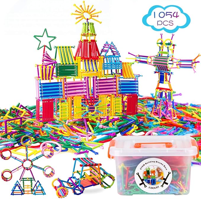 Juboury 1054Pcs Building Toy Building Blocks Bars Different Shape Educational Construction Engineering Set 3D Puzzle Interlocking Creative Connecting Kit Great STEM Toy for Both Boys and Girls