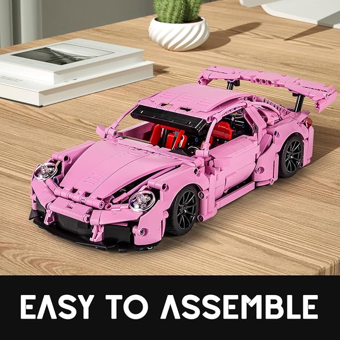 Pink Sports Car Building Blocks Set Toy Collectible MOC Car Model Building Blocks for Adults and Kids (1388 PCS)