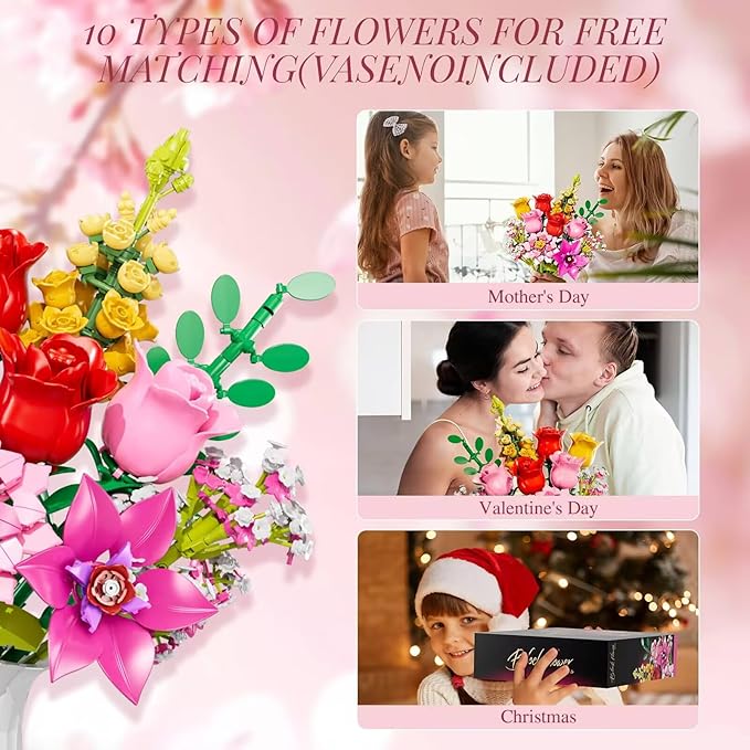 Flowers Bouquet Building Set Pink Roses Flores Set for Adults 765 PCS Botanical Collection Building Block Toy Home Decor Gifts for Valentine's Day Birthday Artificial Flowers for Women Kids 6+