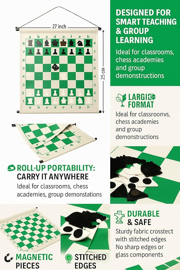 KNK Magnetic Roll-Up Chess Demo Board 27 with Pieces Wall Hanging