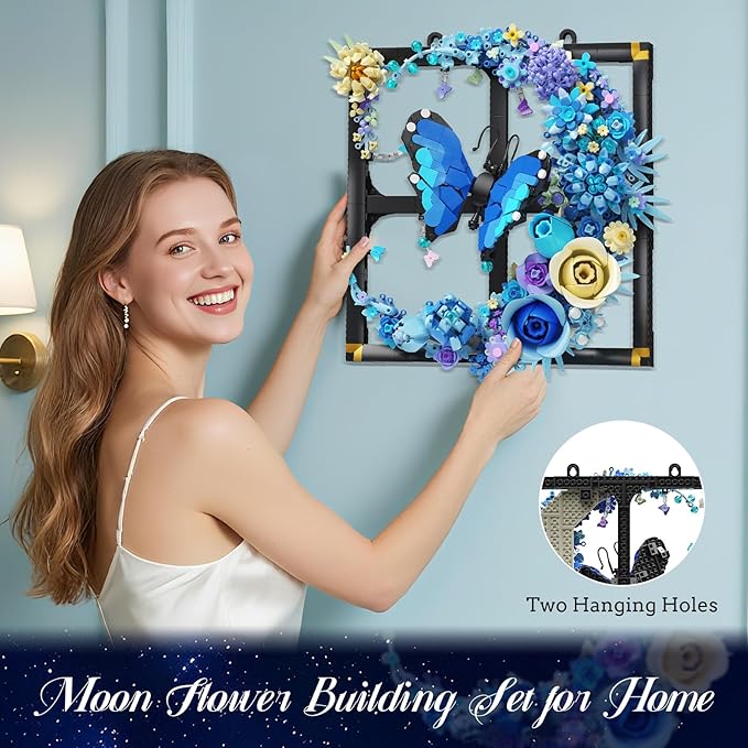 Moon Flower Building Set with Lights 1141 PCS Wall Botanical Flowers Building Block Kit with Butterfly Floral Plant Collection Office Home Decor Gift for Her Adults Women Boys Girls 12+