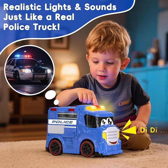 Remote Control Police Car Truck Toy Cars for Toddlers 1-3 with Sirens &amp Flashing Lights Cartoon RC Emergency Vehicle for Kids 3-5 Boys &amp Girls