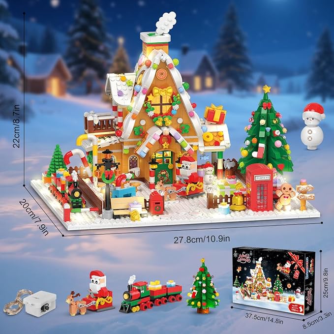 Advent Calendar 2025 Gingerbread House Mini Building Set with Lights 24 Days Christmas Countdown Building Block Kit with Xmas Tree Train Holiday Gift Toy for Adults Teens Girls Boys Ages 10+