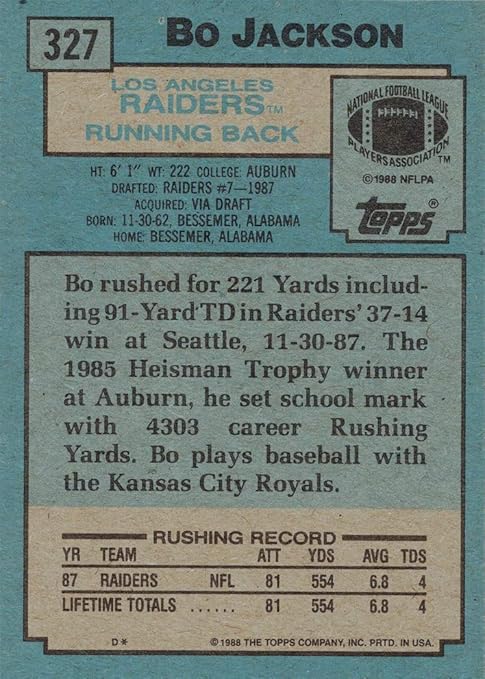 1988 Topps Football #327 Bo Jackson Rookie Card