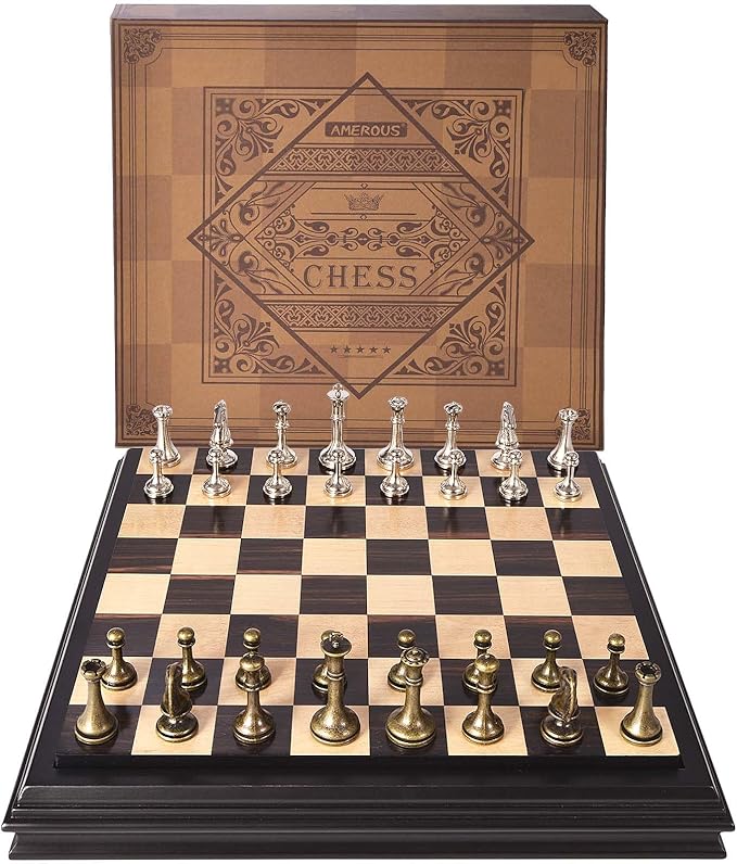 AMEROUS 12.5 inches Wooden Chess Set with Metal Chess PiecesClassic Board Game w/ 2.5'' King/Storage for Chessmen/Instructions Chess Sets for Adults Kids Beginner