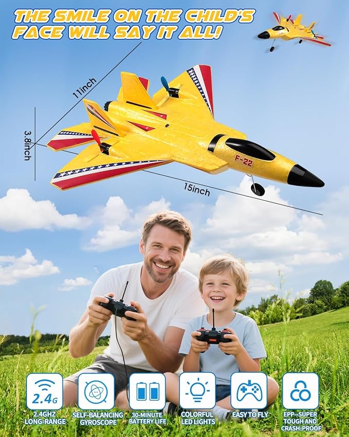 F22 Raptor RC Airplane Durable Foam Remote Control Jet with Gyro &amp LED Lights 2 Rechargeable Batteries 2.4GHz RC Glider Toy Gift for Kids Boys Girls Adults