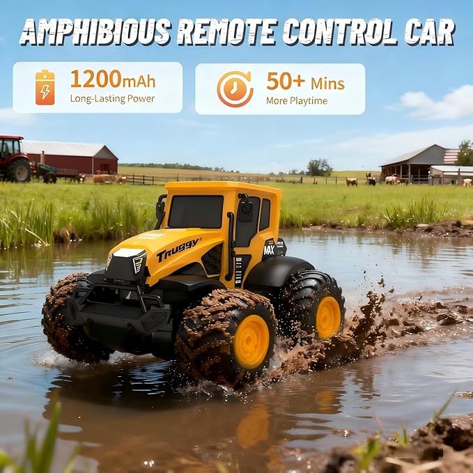 Remote Control Tractor Toy - 1:14 Amphibious RC Monster Truck Toys for Kids 2.4 GHz 4WD All Terrain Off-Road Farm Vehicle Perfect Birthday for Boys and Girls