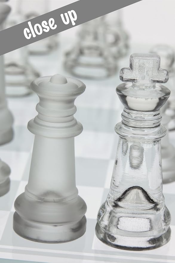 Gamie Premium Glass Chess Set 10 Inch - Elegant Design - Durable Build - 32 Frosted and Clear Pieces - Felted Bottoms - Easy to Carry - Stable &amp Fully Functional for Chess Lovers