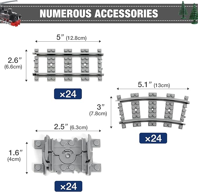 Classic City Train Tracks 72 Pieces Railroad Track with 24 Flexible 24 Curved and 24 Straight Tracks Train Expansion Accessories Compatible with All Major Brands Train Tracks