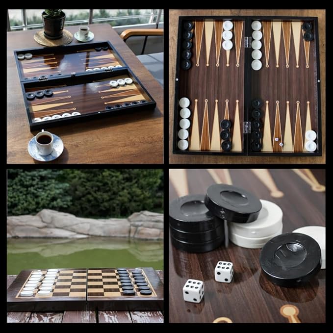 Park&ampOz Walnut Premium Turkish Backgammon and Checkers Set 19 Inch Handmade 2 in 1 Wooden Board Game with Glossy Finish Luxury Checkers and Dice Travel Friendly and Foldable