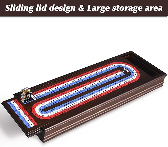 VAMSLOVE 16'' Cribbage Board Game Set Wooden 3-Track Scoreboard with Large Slots for Storing 2 Playing Cards and 9 Metal Pegs Travel Family Game Night (Instruction Included)