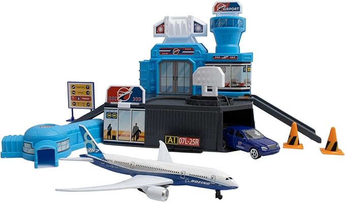 Daron Airport Building Playset with Boeing 787 Die-Cast Metal Airplane &amp Free-Wheeling Airport Car – Buildable Terminal with ATC Tower Jet Bridge &amp Accessories Construction Toy for Ages 3+