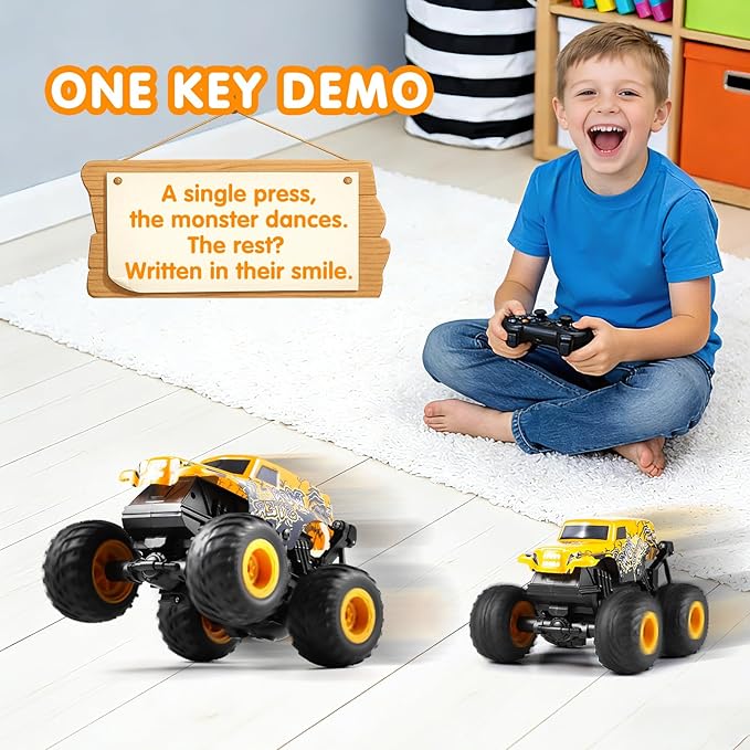 DYODYORC Remote Control Car 2.4Ghz All Terrain Monster Truck Toys RC Truck with Music 3 Lighting Effects 360 Stunt Capable 2 Batteries Ready to Run Toy Gifts for Boys and Girls (Yellow)