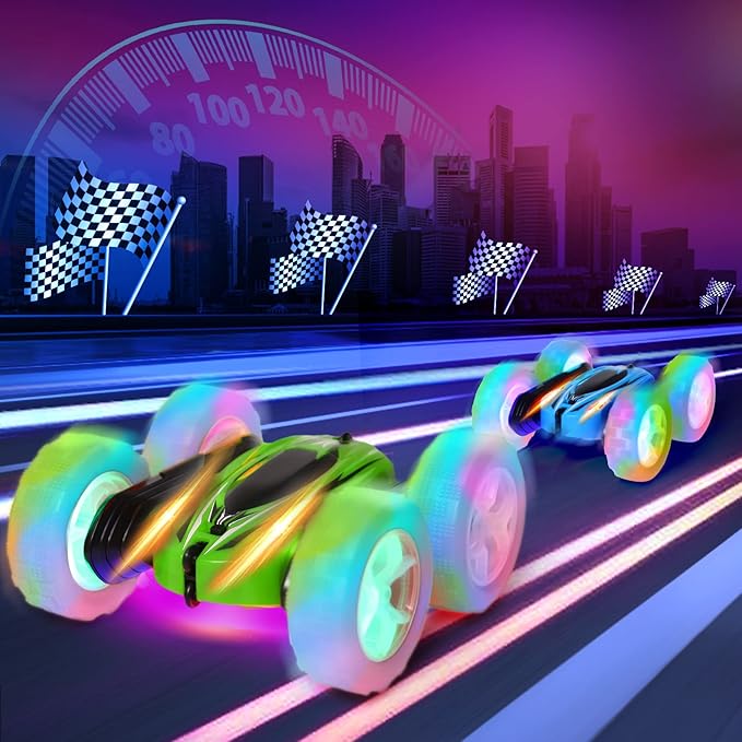 2 Pack Remote Control Car Toys for Kids RC Stunt Cars with Wheel Lights 2.4GHz Drift High Speed 4WD Off Road Double Sided 360° Rotating Cars for Boys Girls