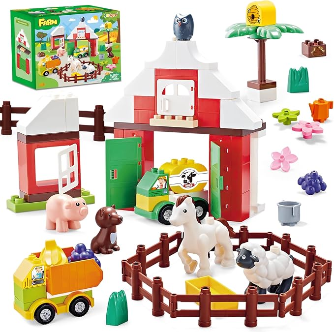 Building Blocks for Toddlers 1-3-5 Farm DIY Big Classic Building Bricks Toys Set for Kids Ages 2-4-5-8 With Barn Animals Truck Compatible With All Major Brands Gift Toy for 3-5 Boys Girls 74 Pcs