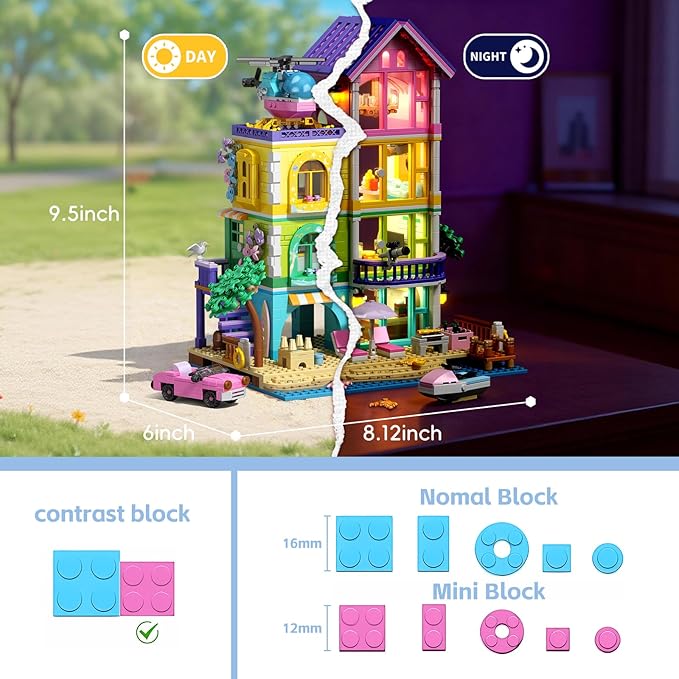 Beach House Building Set with Light NO Compatible with Lego Friend House for Girls Age 8-12 1346PCS Mini Bricks Seaside Villa Creative Holiday Cottage Building Kits for Girl 8-14