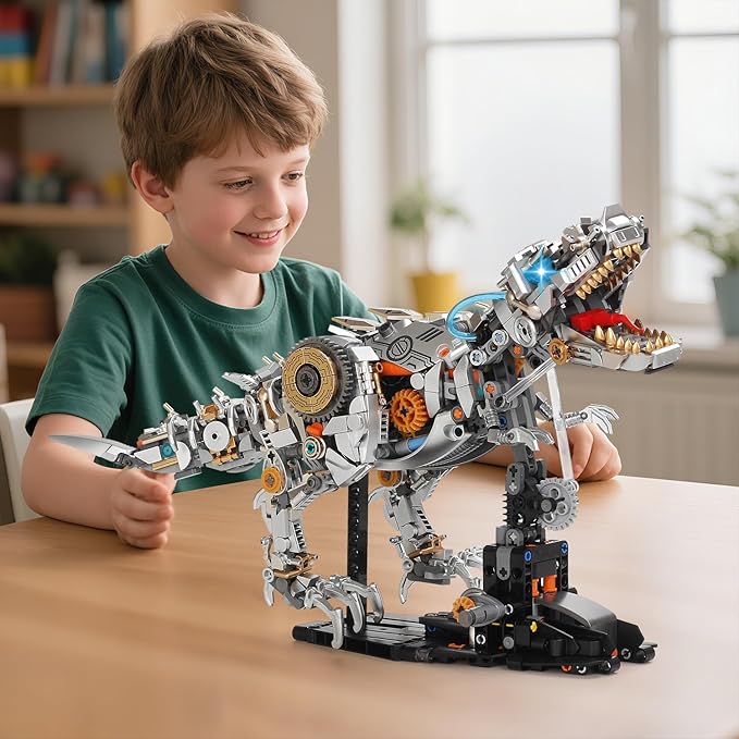 Mechanical Dinosaur Building Blocks Linkage Kit Jurassic Animal Tyrannosaurus Rex Model with Lighting &amp Display Stand STEM Toy DIY Desktop Ornament for Kids Ages 12+ Birthday Gift Idea