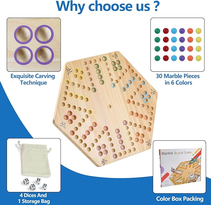 Original Marble Game Wahoo Board Game Double Sided Painted Wooden Fast Track Board Game for Friends and Party 6 and 4 Players 6 Colors 24 Marbles 6 Dice