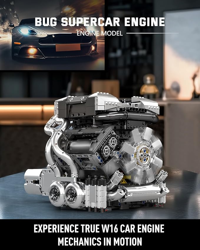 Mould King 10201 W16 Engine Model Kit MOC Bug Supercar Engine Model with Battery and Motor Collectable 16-Cylinder Car Engine Transmission Shiftable Gear Operation for Adults (2024+ PCS)