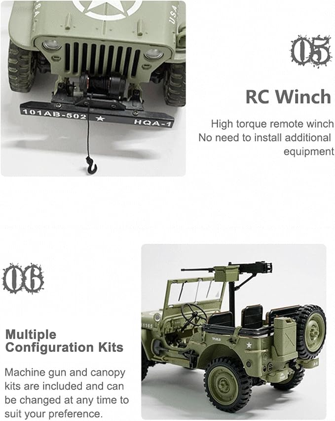 RC Crawler 1:14 Scale Willys Military Jeep 2.4Ghz 4WD Off Road Rock Crawler with 45° Climb Alloy Chassis/Drivetrain Dual-Speed Transmission Functional Winch LED for Adult (Green)