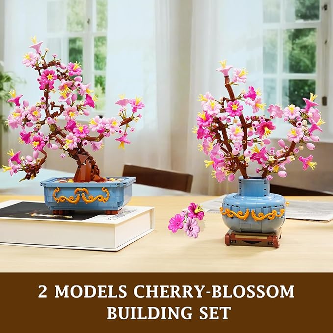 HOGOKIDS Flowers Cherry-Blossom Bonsai Building Set - 2 in 1 Artificial Bonsai Tree Plants for Home Decor &amp Display Cherry Botanical Building Blocks Birthday Easter Gift for Adults Teens (775PCS)
