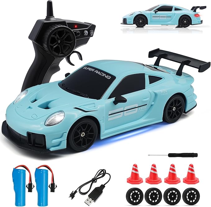 RC Drift Car 1:24 4WD Remote Control Cars Vehicle with LED Light2.4GHz 20KM/H High Speed RC Cars with Two Batteries &amp Drifting Tires Racing Sport Toy for Adults Boys Girls Kids Blue