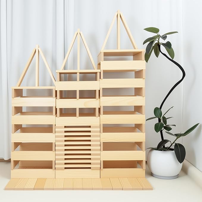 Jumbo 42 Pcs Medium Wooden Building Blocks for KidsNatural Pine Construction Toy - 9.8 in Large Building Planks for Fast &amp Satisfying STEM Play Sensory Motor Skills Family Game Night (20lbs)
